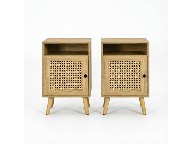 Lot de 2 tables de chevet avec niche et porte en rotin, coloris naturel - Conforama A