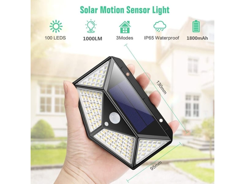 Lampe solaire extérieure 100 led 2200ma capteur de mouvement, projecteur sans fil, 3 modes, jardin cour - Conforama C