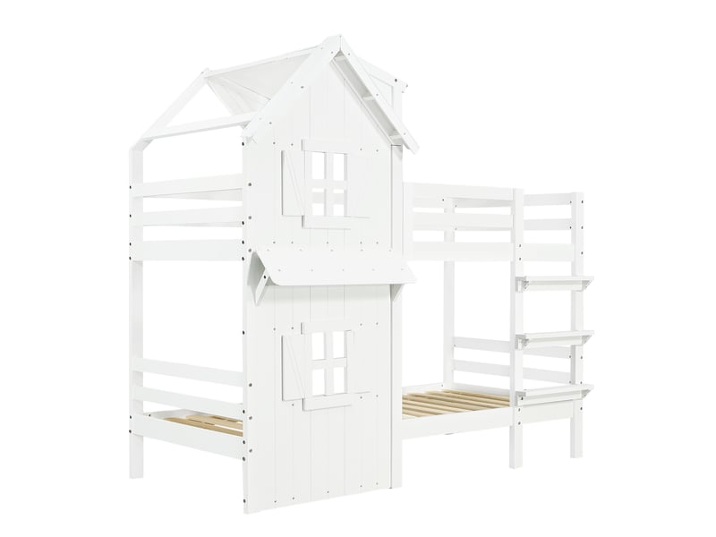  Lit superposé enfant 90x200 cm, lit cabane avec toit et fenêtre pour chambre d'enfant, en bois de pin et mdf, blanc  - Conforama D