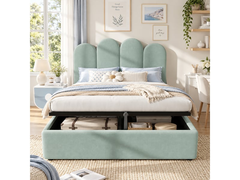 Lit coffre 140x200 cm avec rangement hydraulique, grand espace de rangement, tête de lit arrondie rembourrée en velours, sommier à lattes, vert clair - Conforama E