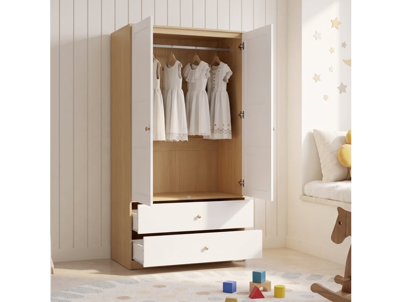  Armoire 100 x 48 x 180 cm, 2 portes avec 2 tiroirs et penderie, blanc et décor bois  - Conforama E