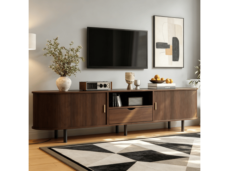  Meuble tv 175x40x55 cm - meuble bas arrondi avec porte à rideau, tiroir et niches ouvertes, charge 50 kg, mdf - noyer  - Conforama D