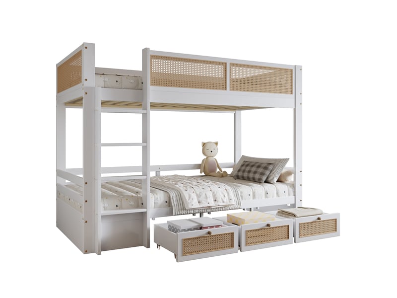 Lit superposé enfant 90 x 200 cm avec 3 tiroirs à roulettes, blanc et naturel - Conforama A