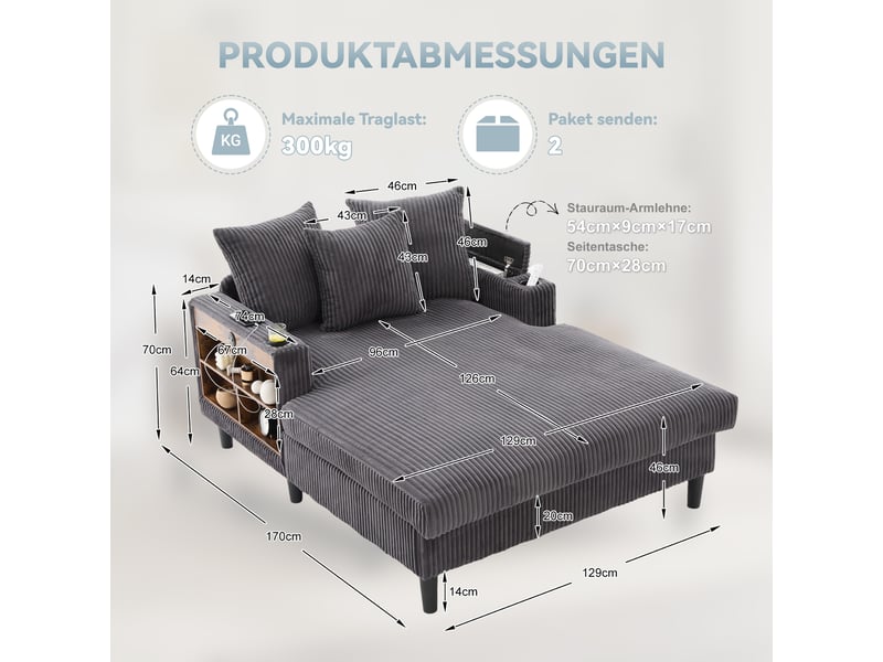  Canapé convertible 1 place en velours côtelé gris foncé avec led et range-boissons intégrés  - Conforama C