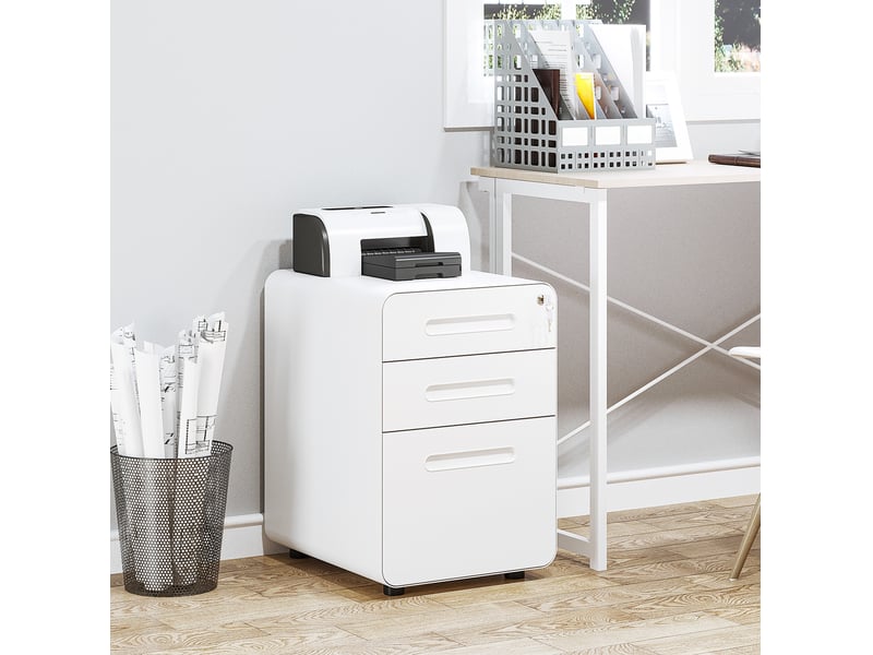  Caisson de bureau mobile 39 x 48 x 59 cm blanc en acier, 3 tiroirs verrouillables sur roulettes, rangement de documents  - Conforama D