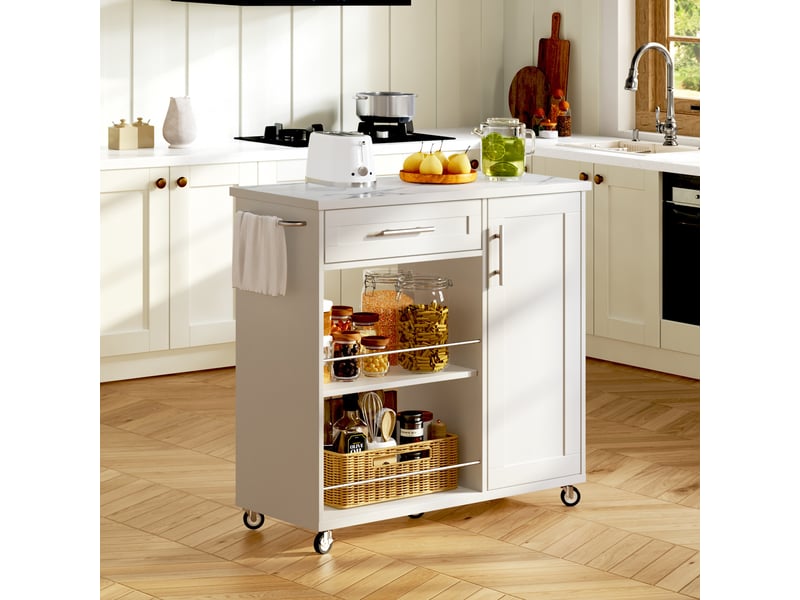 Desserte de cuisine blanche avec plateau effet marbre, îlot de cuisine mobile sur roulettes avec tiroir et étagères, 96x40x89.5 cm. - Conforama C