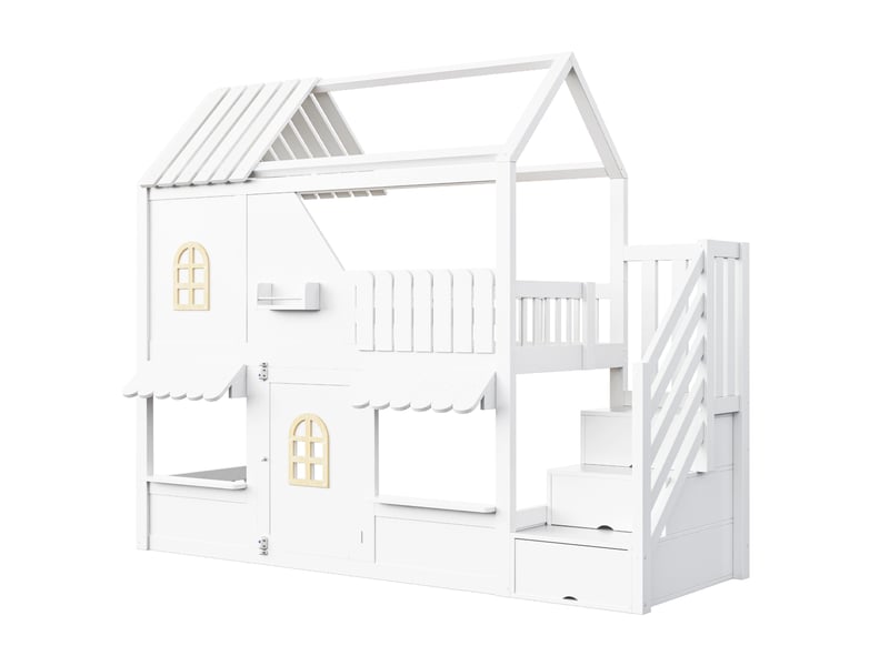  Lit superposé enfant 90x200 en bois,lit cabane avec led,échelle de rangement,étagères,lit mezzanine simple,sans matelas,,blanc  - Conforama A