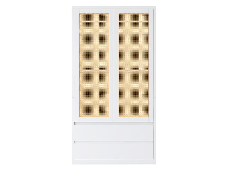  Armoire-penderie 90x50x170cm à 2 portes en rotin, 2 grands tiroirs, poignées dissimulées et large espace de suspension, bois blanc evarich - Conforama A
