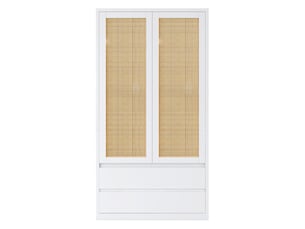 Armoire-penderie 90x50x170cm à 2 portes en rotin, 2 grands tiroirs, poignées dissimulées et large espace de suspension, bois blanc