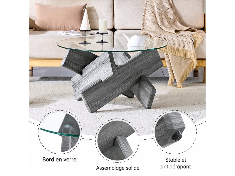  Table basse ronde en verre trempé, diamètre de 79 cm, pieds croisés en mdf gris  - Conforama E