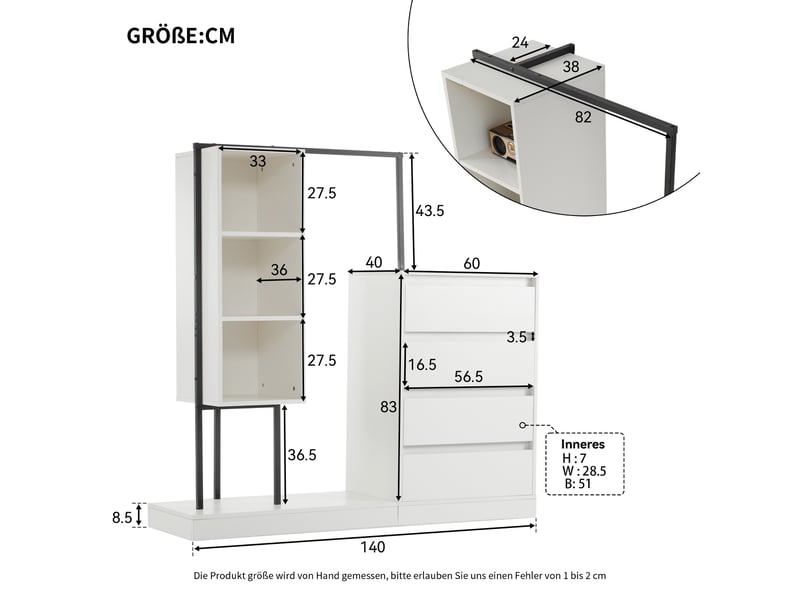  Armoire de rangement 140 x 40 x 135 cm avec 4 tiroirs, 3 étagères ouvertes et penderie, blanc  - Conforama C