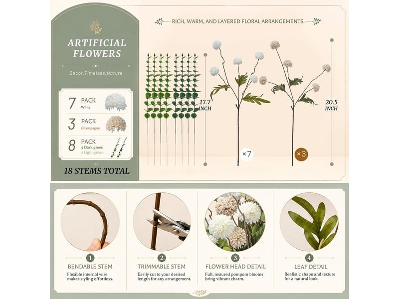  Fleurs artificielles de souci, fleurs fausses blanches champagne pour décoration intérieure extérieure, porche, patio, jardin, bac à fenêtre, table à domicile  - Conforama C