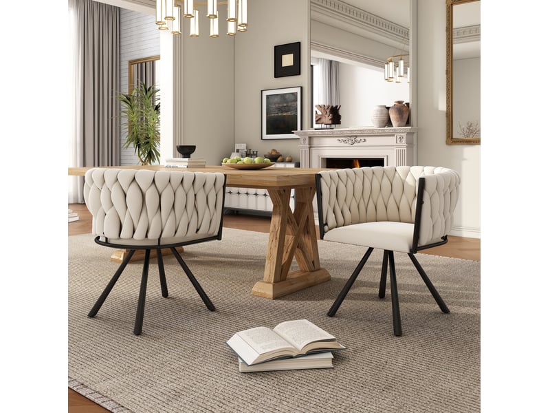  Chaise de salle à manger pivotante à 360 degrés lot de 4 avec accoudoirs et dossier incurvé en velours beige  - Conforama D