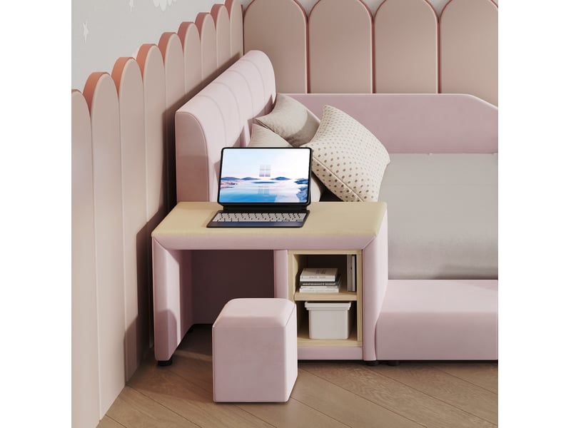  Lit simple enfant 140x200 cm avec bureau, tabouret, tablette de rangement, lattes en bois, couleur rose, sans matelas  - Conforama E