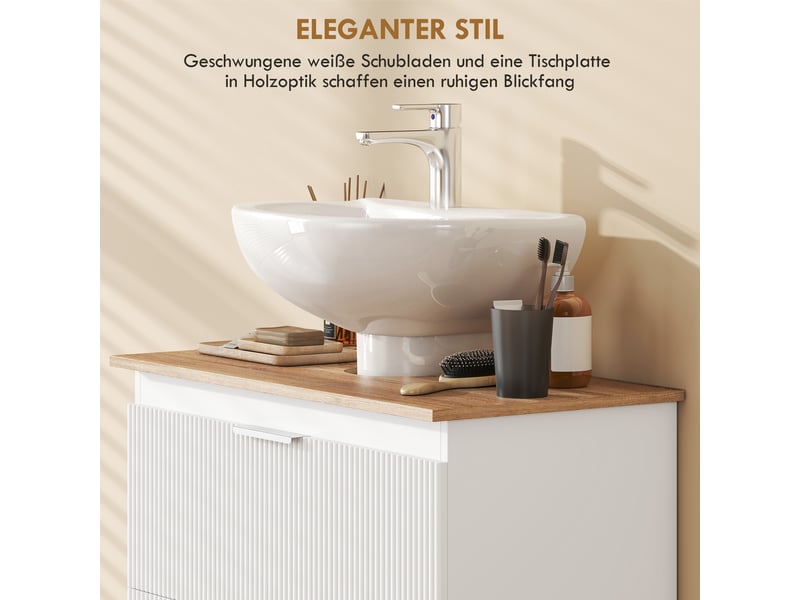  Meuble sous vasque 80 cm blanc, 2 tiroirs et plateau aspect bois, avec découpe pour tuyaux  - Conforama R