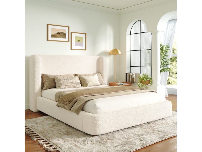  Lit coffre modenvie 140 x 200 cm avec sommier à lattes hydraulique en bouclé beige  - Conforama E