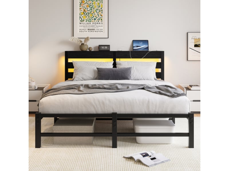  Cadre de lit en métal 140x190 cm, led et usb, rangement sous lit, plateforme robuste, sans matelas ni sommier  - Conforama B