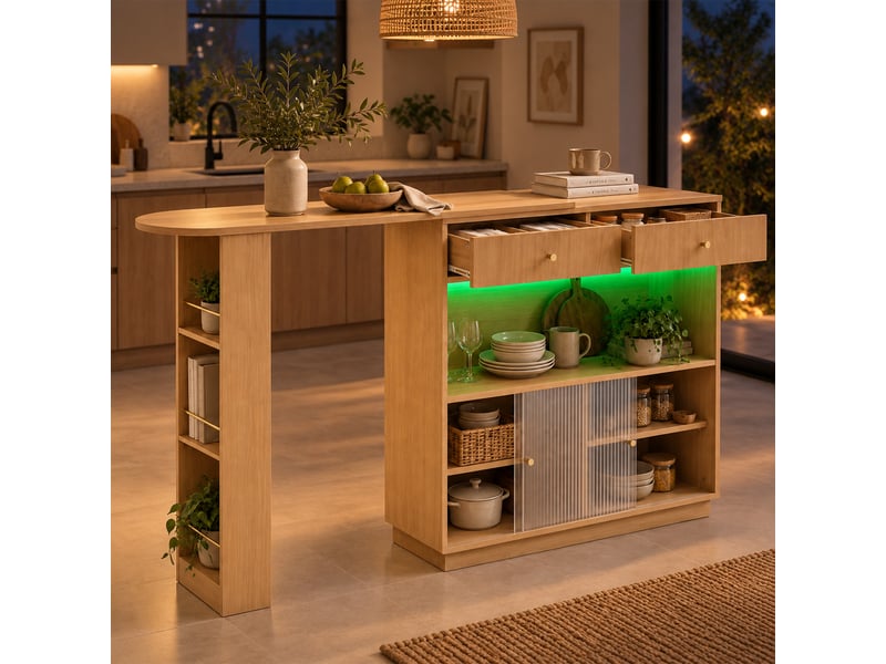  Îlot de cuisine 120x30x100 cm plateau extensible tiroirs éclairage led rangement à vin meuble de rangement décor chêne OPULERANE TRADING LTD - Conforama B