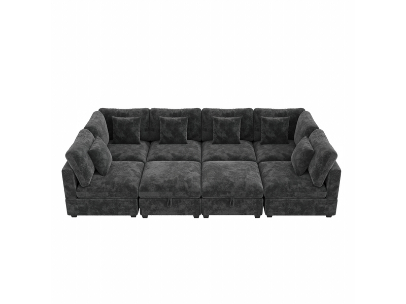  Canapé panoramique modulable 8 places 292x220x81 cm, couchage d'appoint, 2 poufs avec rangement, poches latérales - gris  - Conforama A