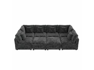 Canapé d'angle panoramique fixe   8 places Tissu gris avec coffre de rangement