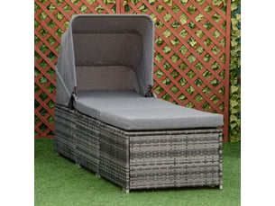 Chaise longue de jardin en résine tressée grise, pare-soleil réglable, coussin, 195 x 65 x 40 cm