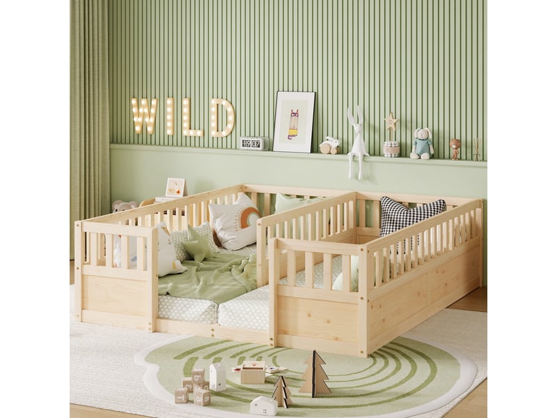  Lit 180x200 cm - lit enfant 180x200 - lit double au sol en pin avec barrières de sécurité et ouverture d'accès - bois naturel  - Conforama B