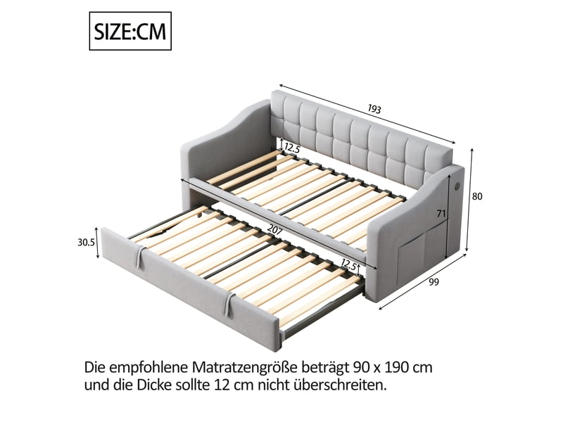  Modenvie banquette-lit gigogne 90x190 cm - velours, ports usb et lit extensible - pour petit espace - gris  - Conforama C