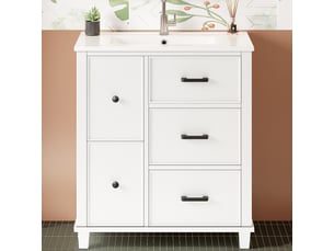 Meuble vasque salle de bain blanc 76,5 cm avec lavabo céramique intégré et tiroir latéral silencieux