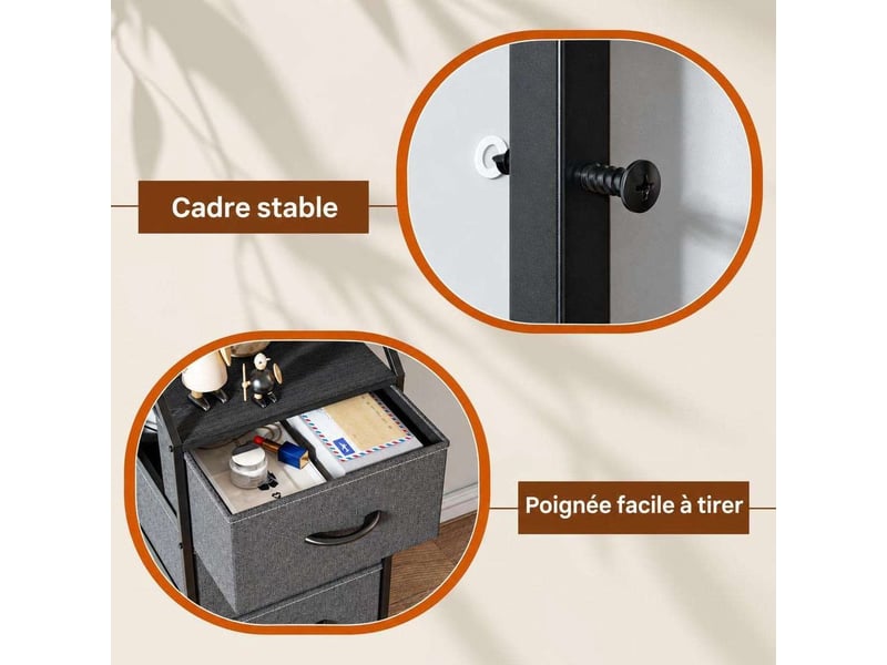  Table de chevet 40x30x78 cm trois tiroirs tissu gris fonce et metal noir  - Conforama D