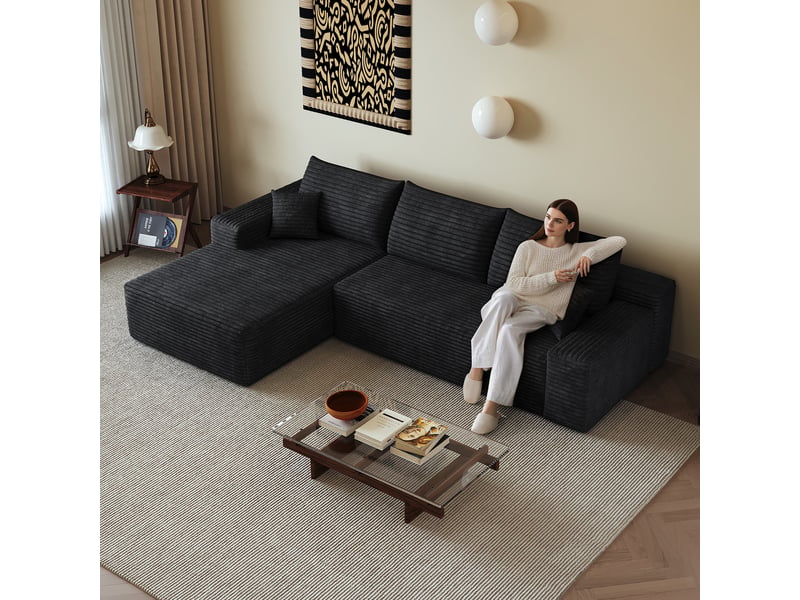 Canapé d'angle modulable noir avec méridienne, 270cm, assise profonde, sans montage, mousse compressée - Conforama W