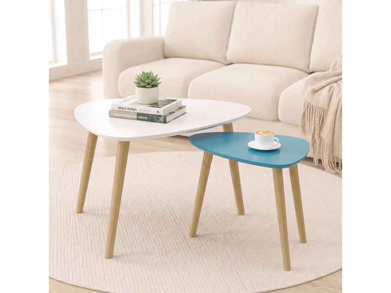  Lot de 2 tables basses gigognes design scandinave forme triangle de reuleaux bois mdf bleu blanc  - Conforama D