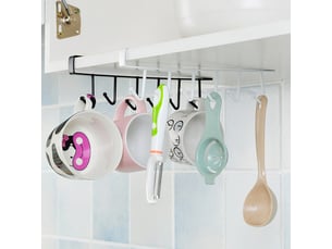 Porte-gobelet à 6 crochets pour tasses, sous armoire de cuisine, sous étagère, rangement, organisateur, étagère pour ustensiles de cuisine, blanc