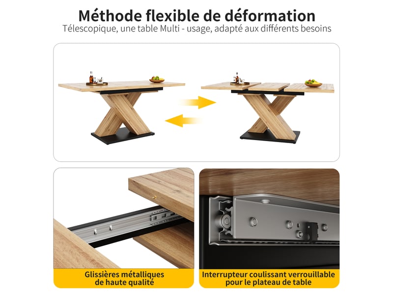  Table à manger extensible 119-158, 5 x 80 x 75 cm, table de cuisine rectangulaire, 4 à 6 personnes pour salon, naturel  - Conforama E