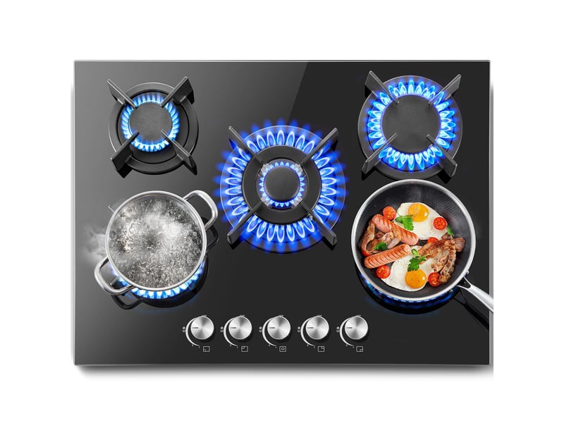  Plaque de cuisson gaz 5 feux, plaque gaz 70 cm en verre noir, 10400 w, encastrable ou posable, gaz naturel et propane  - Conforama A