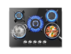 Plaque de cuisson gaz 5 feux, plaque gaz 70 cm en verre noir, 10400 w, encastrable ou posable, gaz naturel et propane