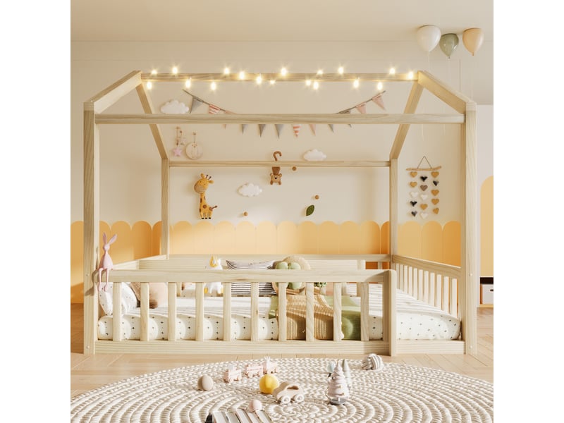  Lit enfant 90×190 cm et 180×190 cm, lit simple avec barrière, led réglable et forme cabane, sans matelas, bois naturel  - Conforama C
