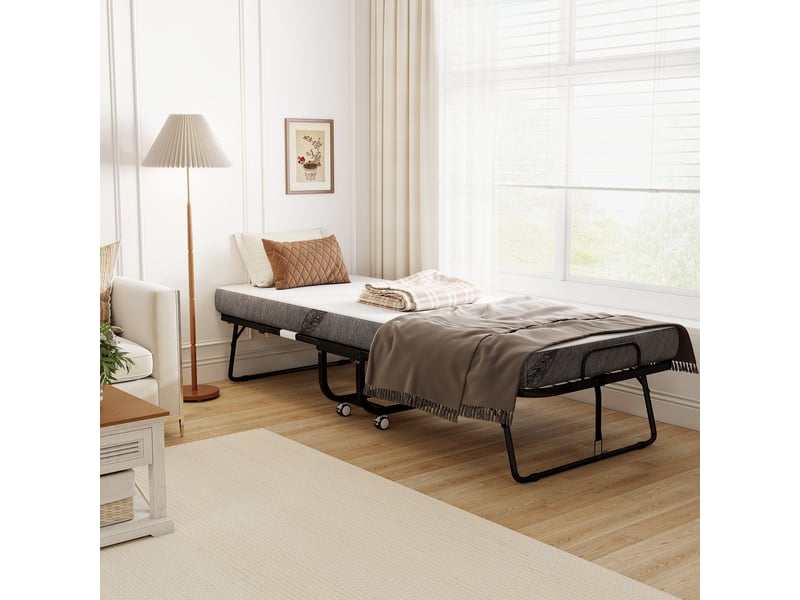  Lit pliant 1 personne 200 x 80 cm avec matelas, lit d'appoint pliable et portable sur roulettes, cadre en acier, blanc  - Conforama C