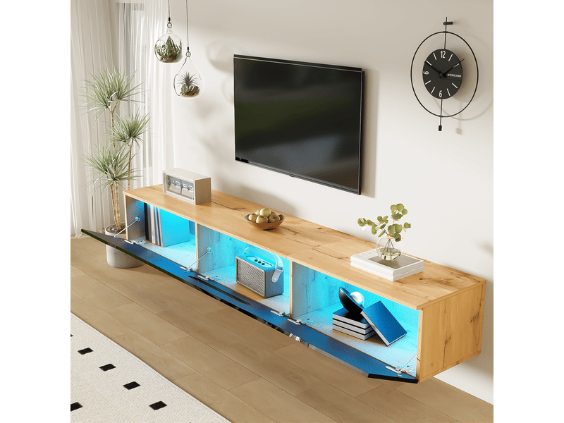  Meuble tv 180x35x30cm, meuble télé avec 3 portes, led, mdf+pbaggloméré, noir brillant+couleur bois  - Conforama D