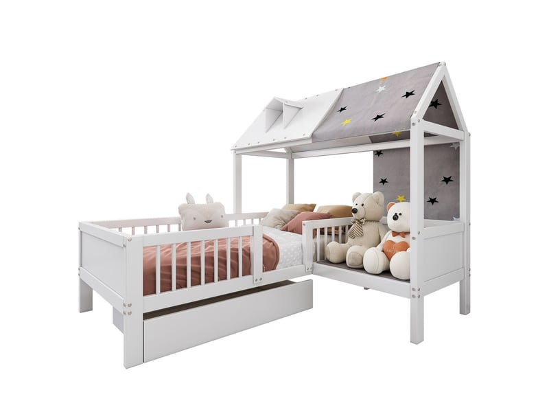 Lit cabane enfant 90x200 cm, lit simple en bois massif avec tente, 2 tiroirs de rangement et escalier de stockage, blanc  - Conforama E