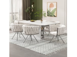 Chaise de salle à manger pivotante à 360 degrés, lot de 6 avec dossier incurvé en velours beige et métal argenté