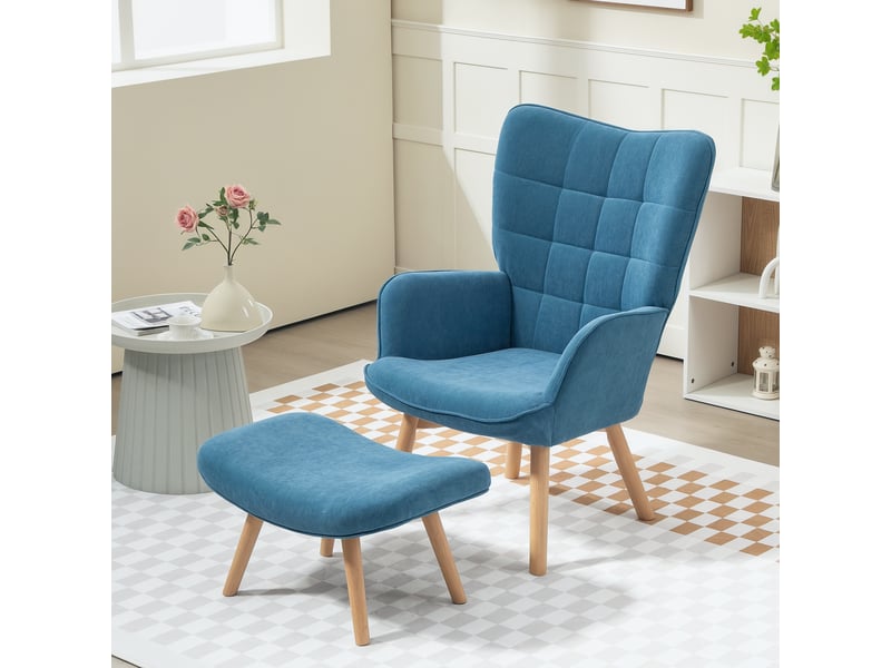  Fauteuil d'appoint avec repose-pieds, fauteuil inclinable aspect velours côtelé, fauteuil avec pieds en bois, pour salon, bleu  - Conforama C