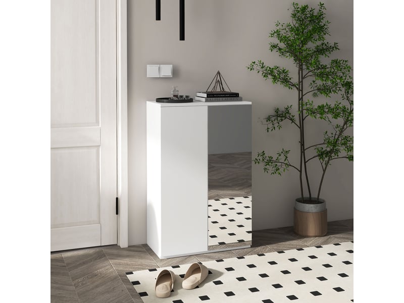  Meuble à chaussures avec miroir pour 18 paires de chaussures, 5 étagères réglables, pour entrée, 60 x 32 x 95 cm, blanc  - Conforama B