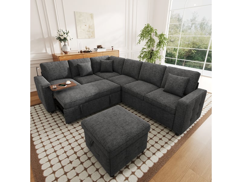 Canapé d’angle convertible en l 5 places 213x184 cm, pouf coffre, table rabattable, 2 porte-gobelets, lampe de lecture, usb et usb-c, effet lin gris Radiant Stride - Conforama D