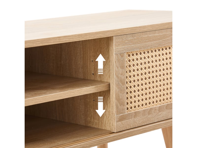  Meuble tv en rotin tressé - portes coulissantes, rangement, étagères réglables, pieds bois naturel h45 l140 p40 cm  - Conforama D