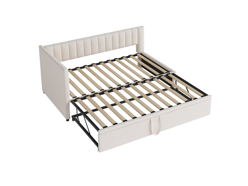  Lit enfant gigogne 90x200cm, gain de place, tête de lit confort, style moderne, velours beige, sans matelas  - Conforama R