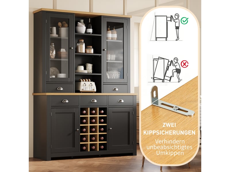  Armoire haute multifonctionnelle noire 120×40×185 cm - porte vitrée, 5 tiroirs, casier à vin amovible, fermeture amortie, anti-basculement  - Conforama E