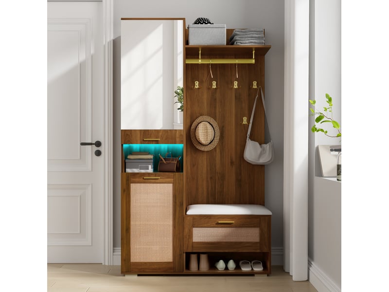  Meuble d'entrée avec miroir, 3 portes, banc, 6 crochets et led 16 couleurs pour couloir, noyer, 110 × 38 × 190 cm  - Conforama B