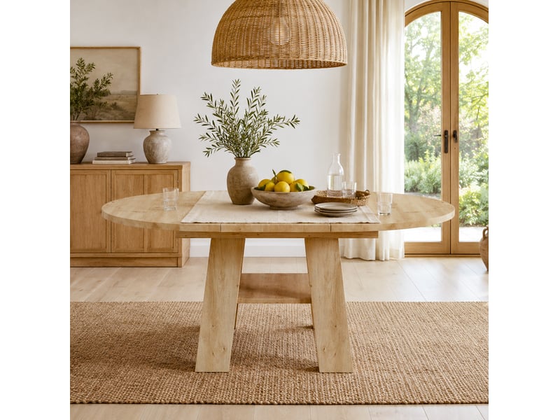  Table à manger extensible 110150x110 cm, 4 à 6 personnes, avec rangement et plateau, mdf, couleur chêne, table ronde  - Conforama D