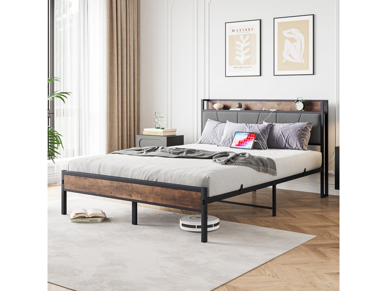 Cadre de lit 140x200 cm avec led, tête de lit rangement et ports usb, marron antique  - Conforama E