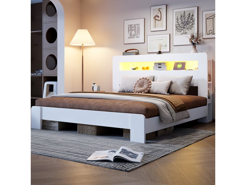  Lit 180 x 200 cm blanc avec rangement, éclairage led et prises intégrées  - Conforama D
